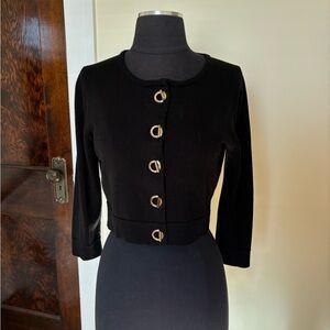 Calvin Klein Black Cropped Crewneck Cardigan with Gold Toggle Buttons